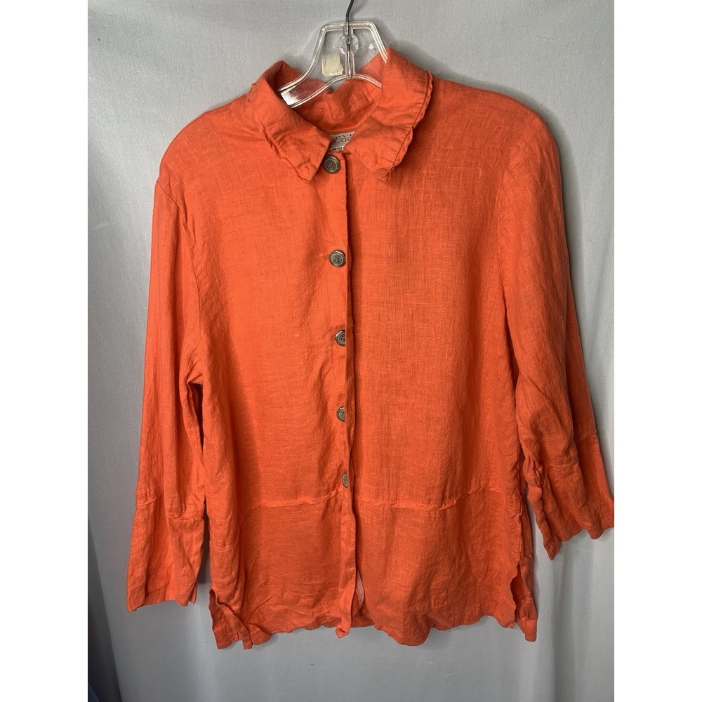 Women's Sz 12 Coral Orange Beach 100% Linen Tunic Shirt 3/4 Sleeve Resort